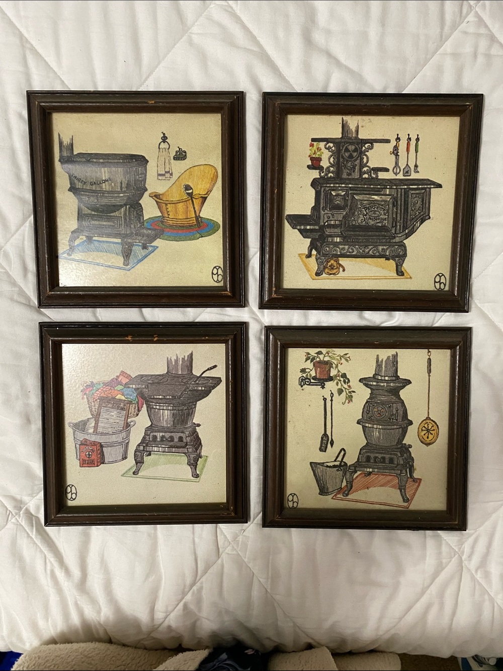 Vintage Stove Illustration Wall Art Set - Brown Frame, Unbranded